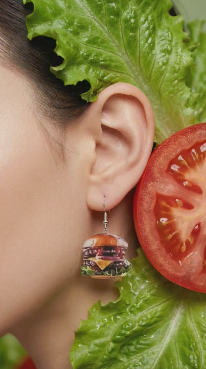 Cheeseburger Dangle Earrings – Fun Food Jewelry, Double-Sided Acrylic