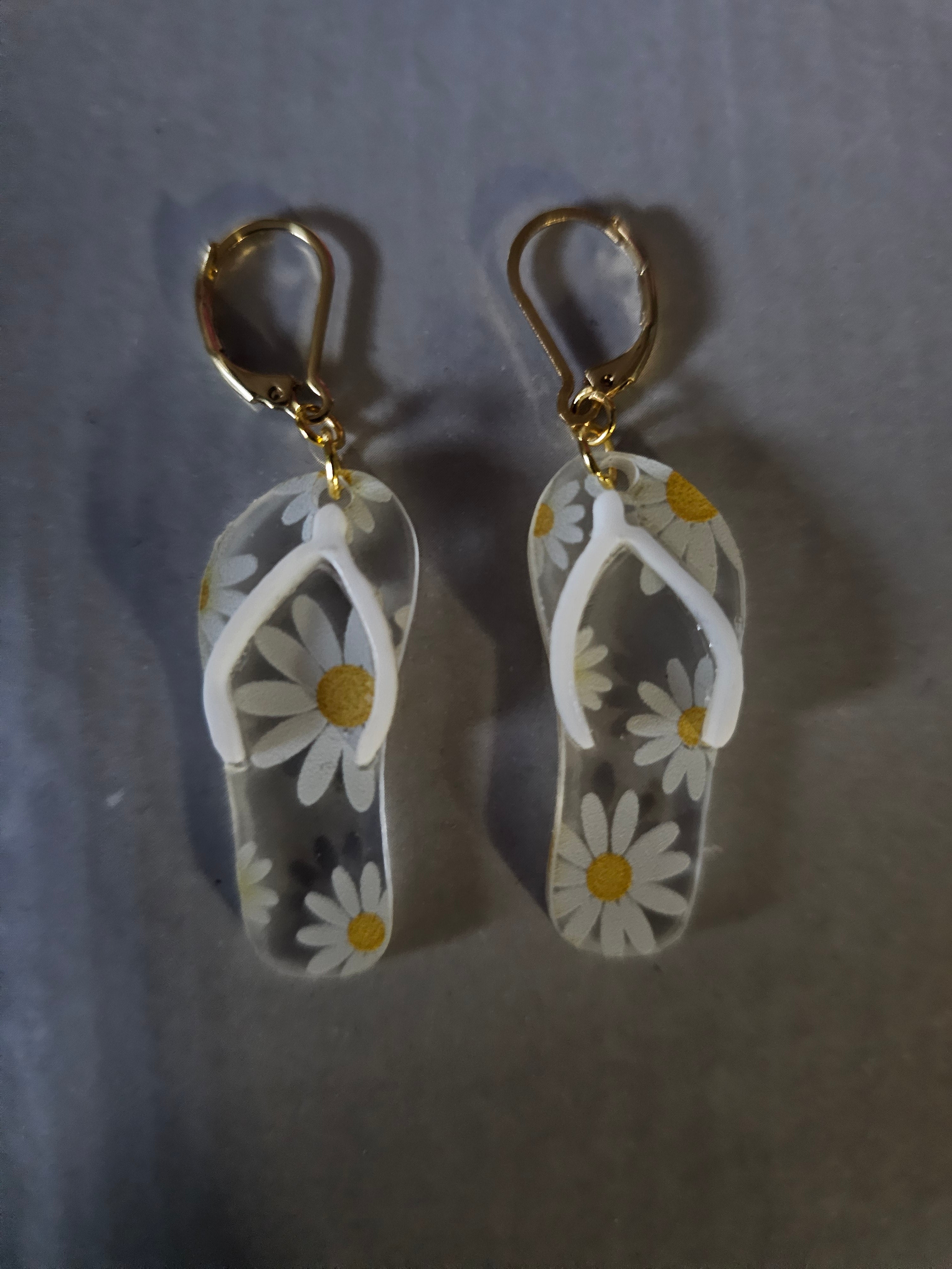 Daisy patterned acrylic flip flop earrings by Babs & RJ Creations