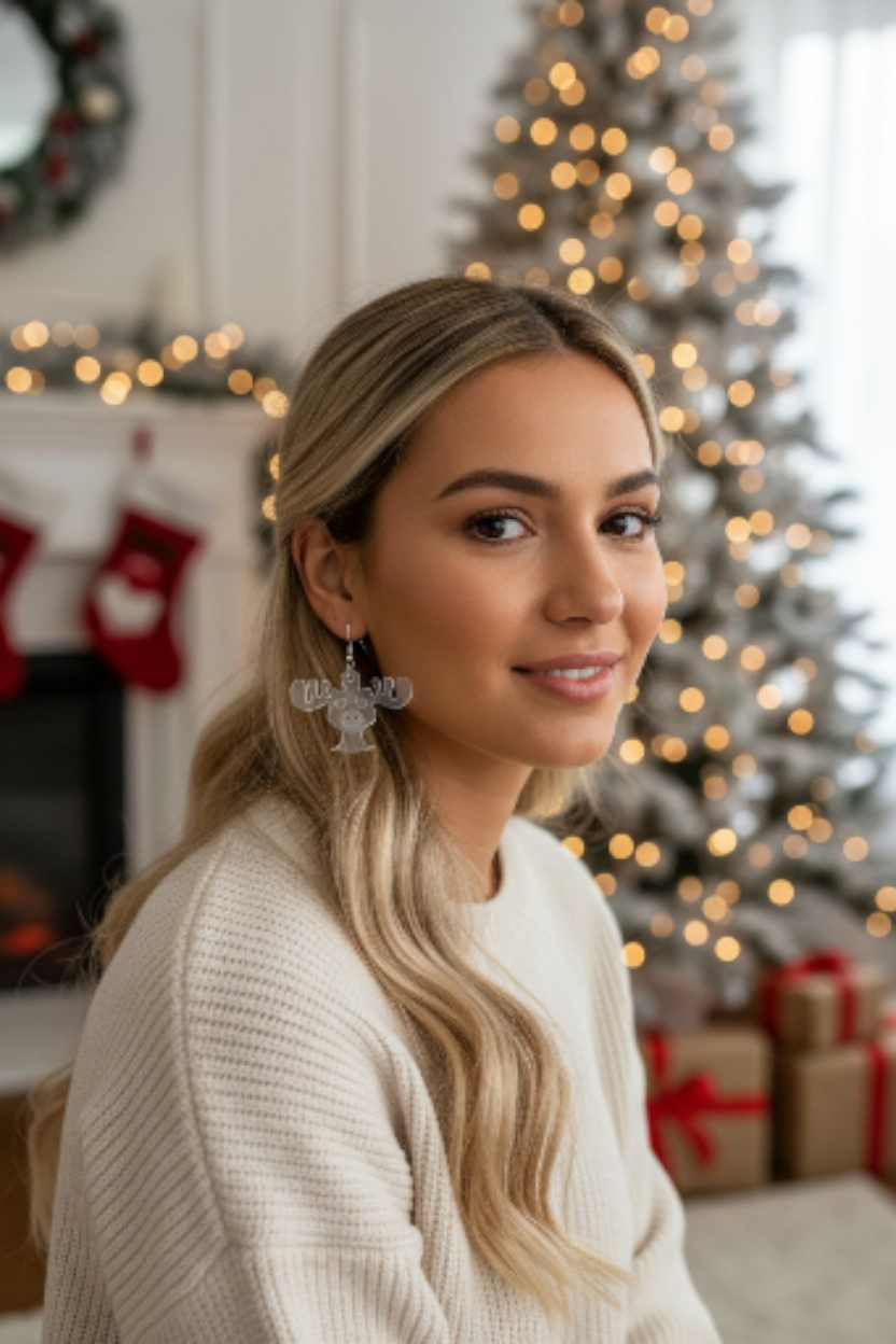 Clear Acrylic Earrings – Festive Moose Acrylic Earrings – Lightweight, Cute & Holiday-Ready!
