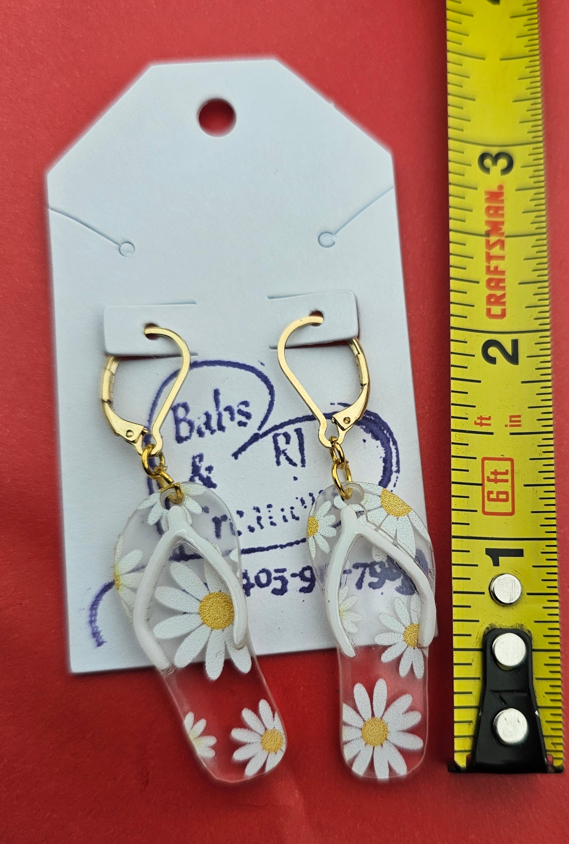 Daisy patterned acrylic flip flop earrings by Babs & RJ Creations